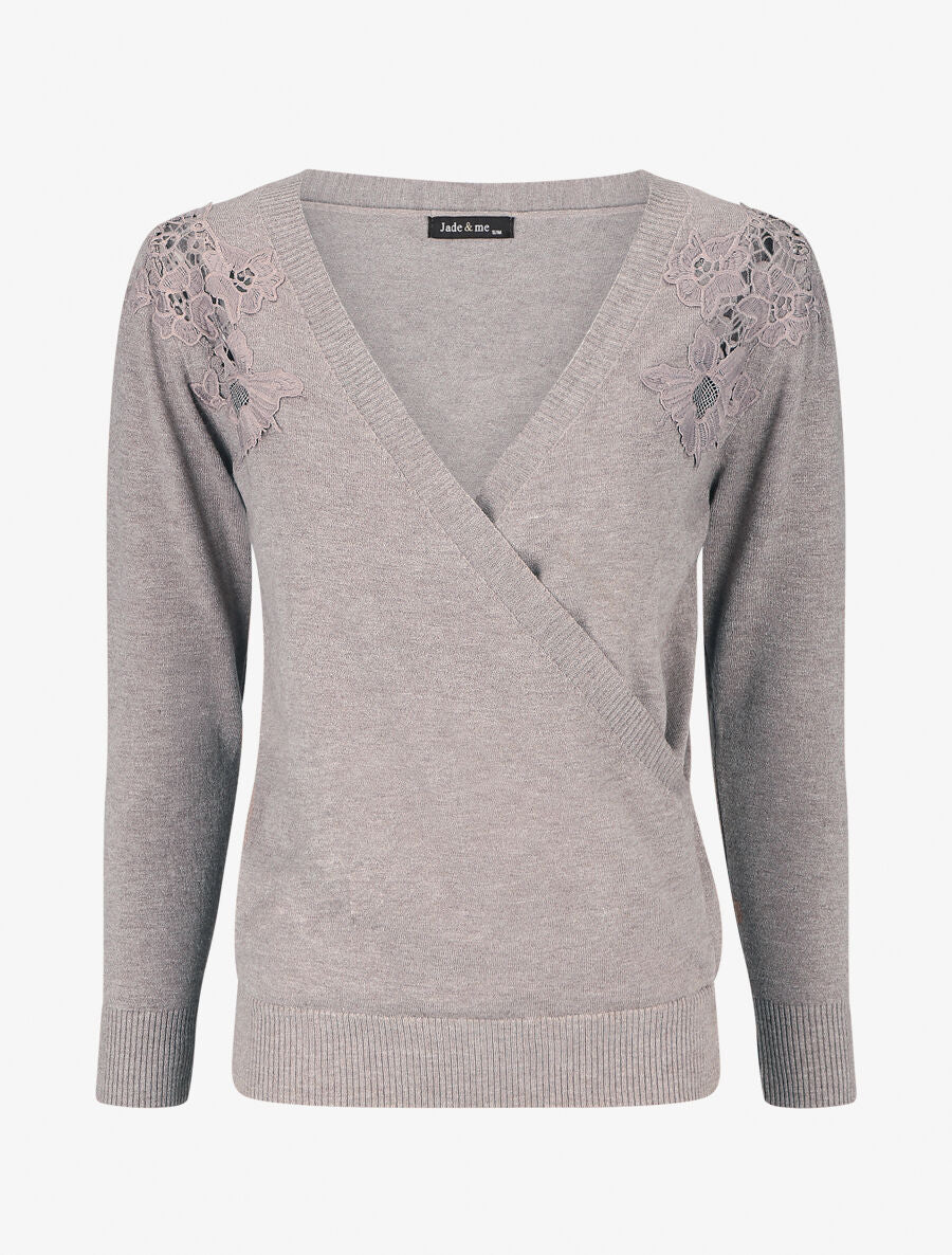 Cache-coeur trui met kanten detail - Taupe