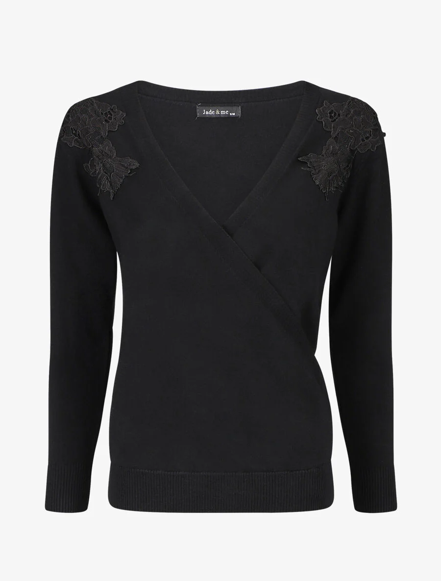 Cache-coeur trui met kantdetail - Zwart