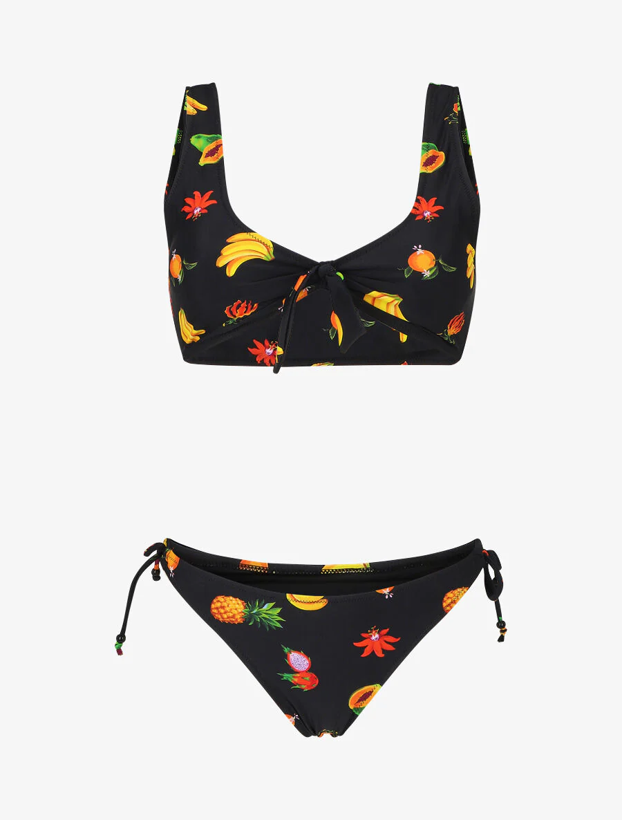 Trompe l'oeil bikinitop met fruitprint - Zwart