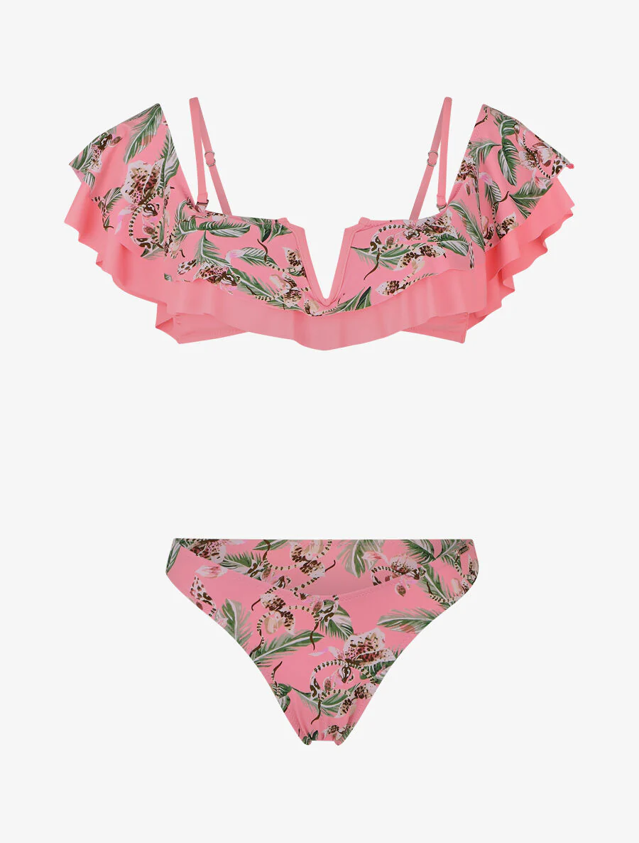 Tropische bikini met franjes - Felroze