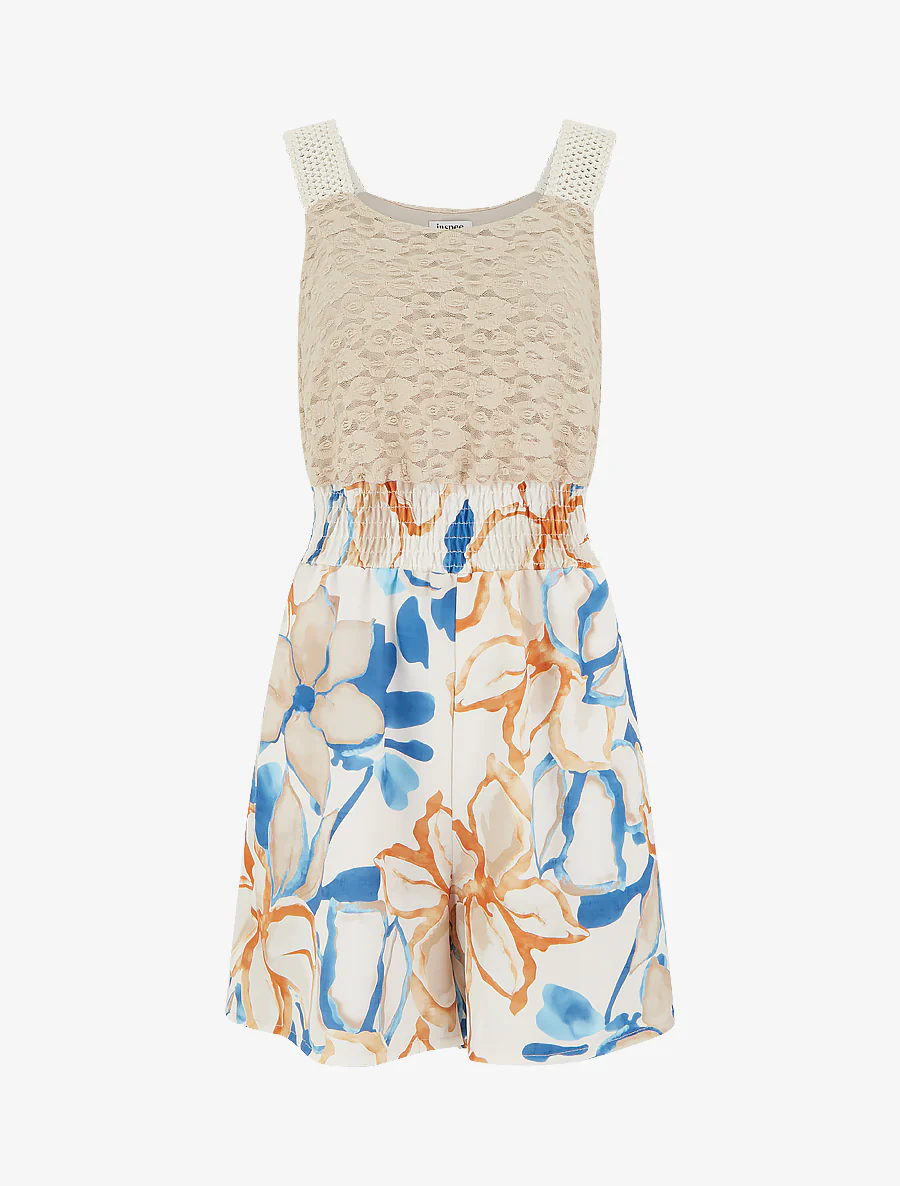 Tropische bloemenprint jumpsuit met kanten bustier. - Beige