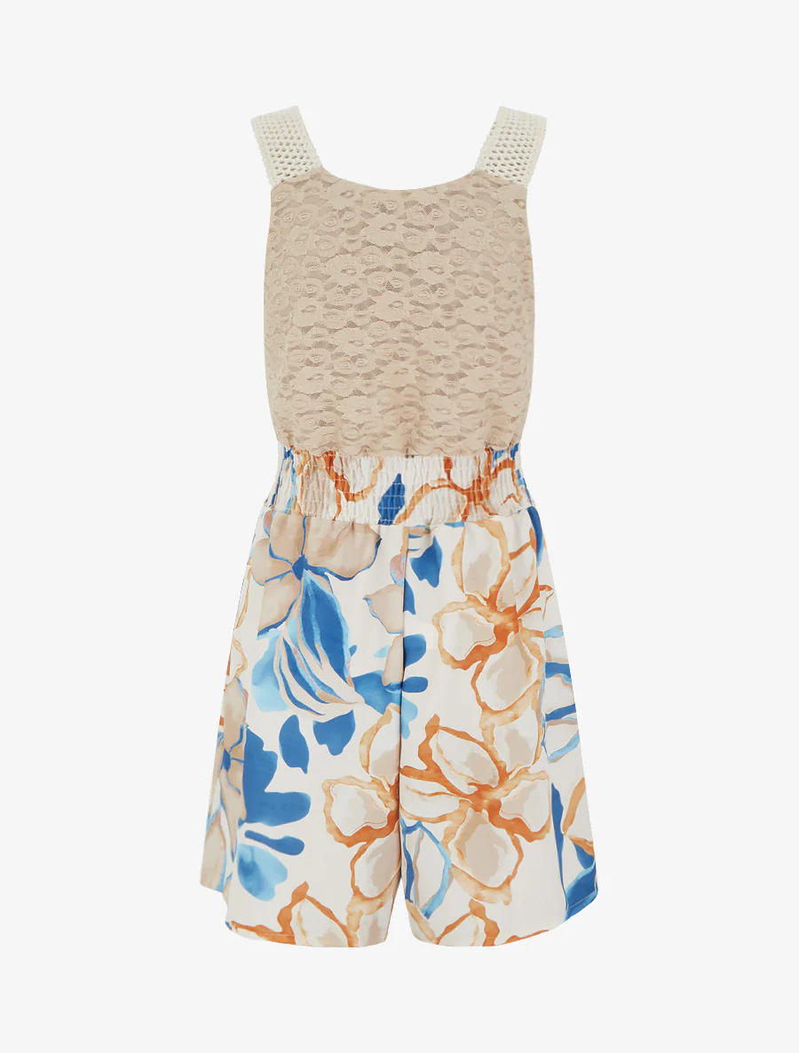Tropische bloemenprint jumpsuit met kanten bustier. - Beige - Image 2