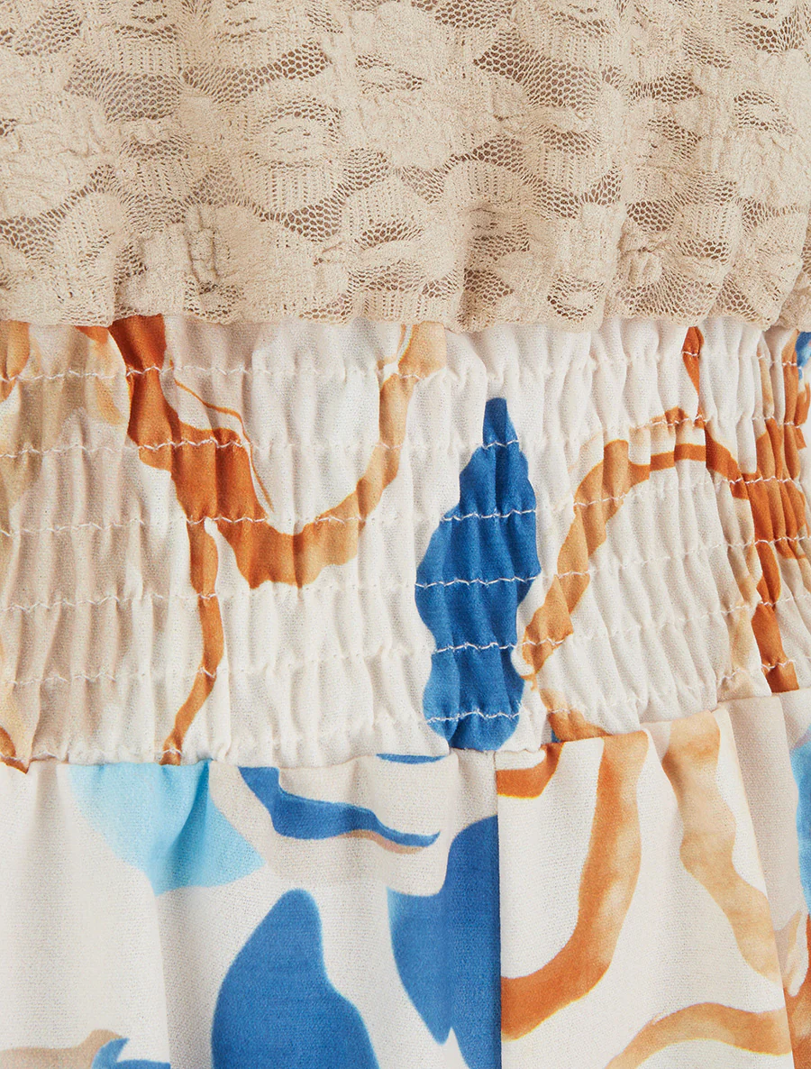 Tropische bloemenprint jumpsuit met kanten bustier. - Beige - Image 3