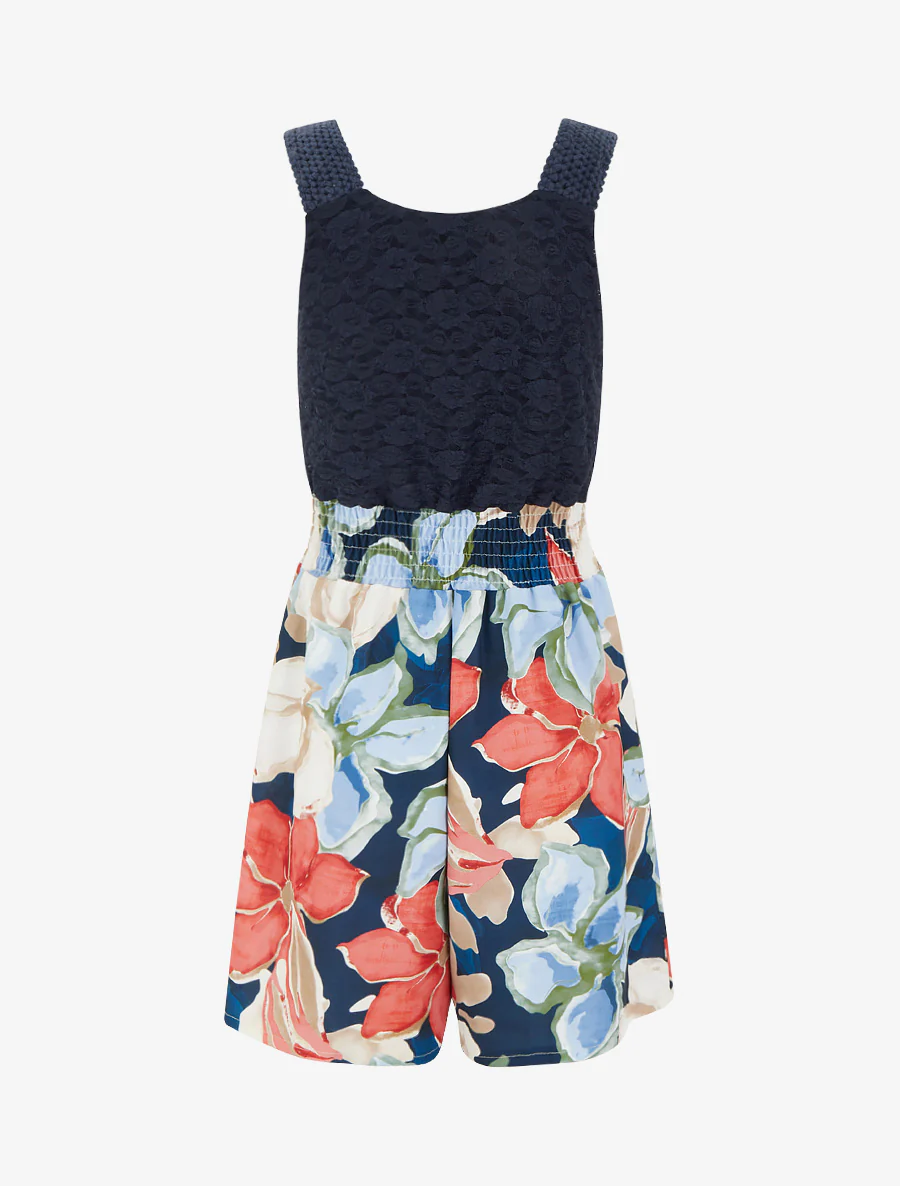 Tropische bloemenprint jumpsuit met kanten bustier. - Marine - Image 2