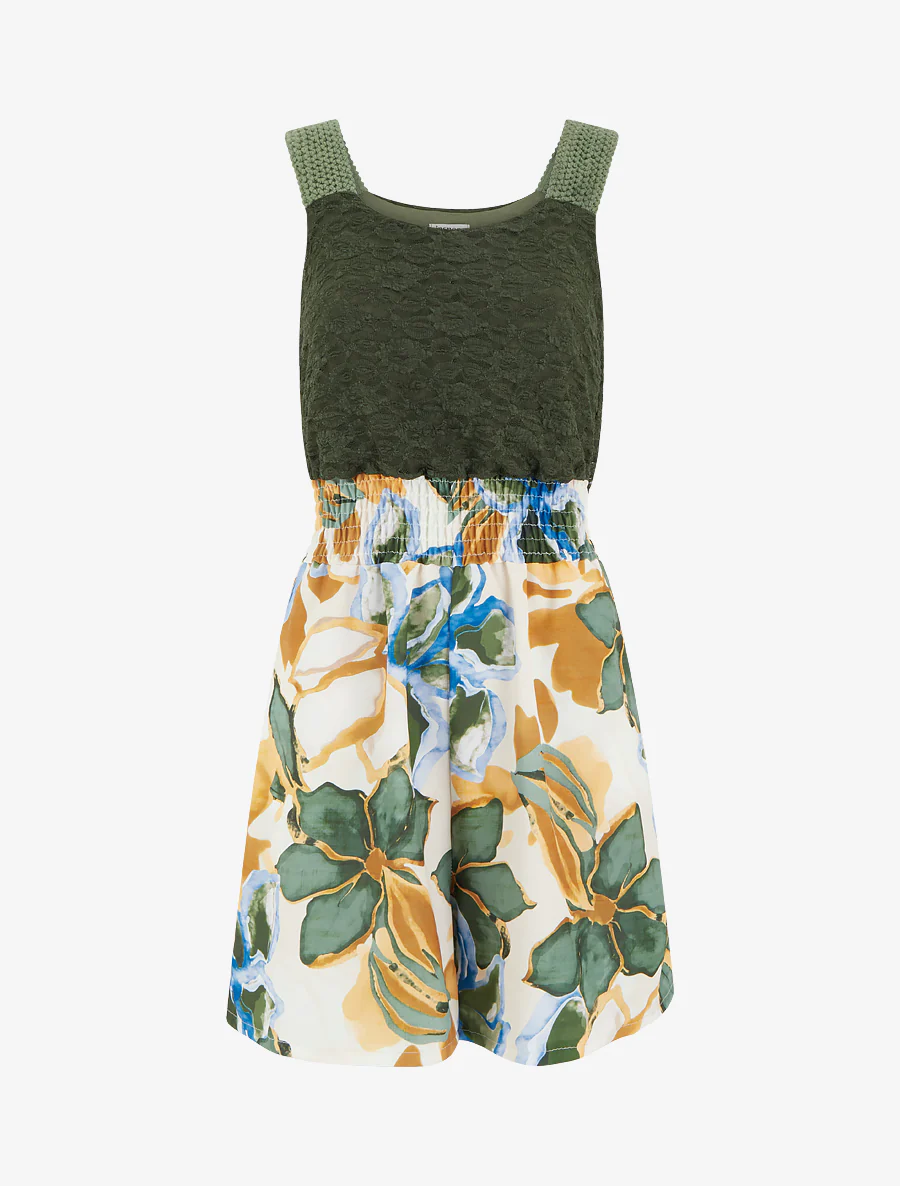 Tropische bloemenprint jumpsuit met kanten bustier. - Kaki
