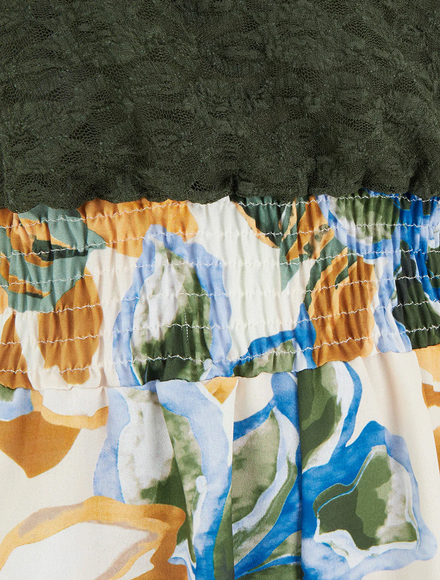 Tropische bloemenprint jumpsuit met kanten bustier. - Kaki - Image 3