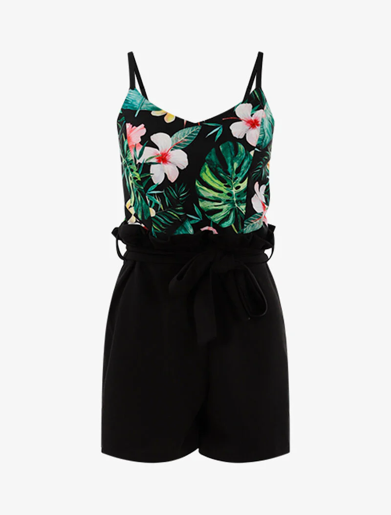 Tropisch bedrukte bustier jumpsuit - Zwart