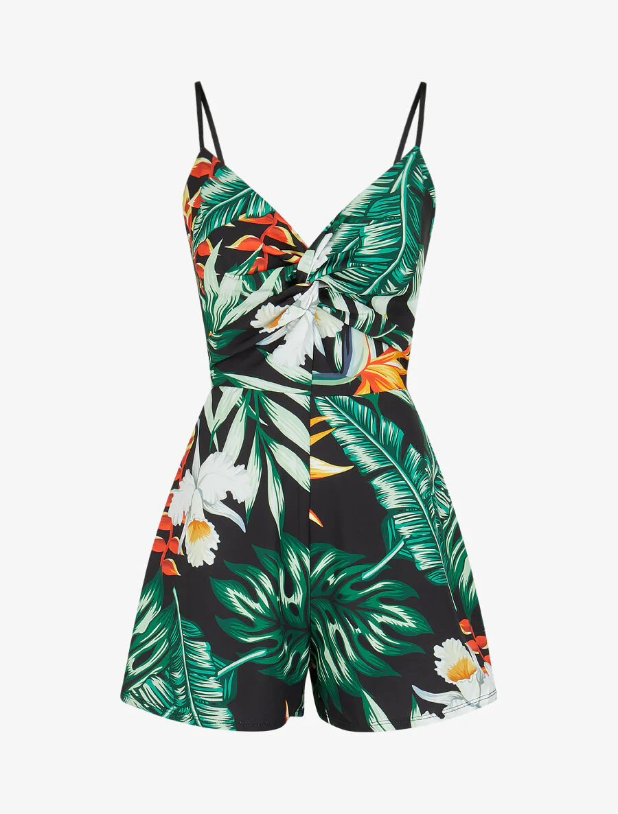 Tropische print jumpsuit - Zwart