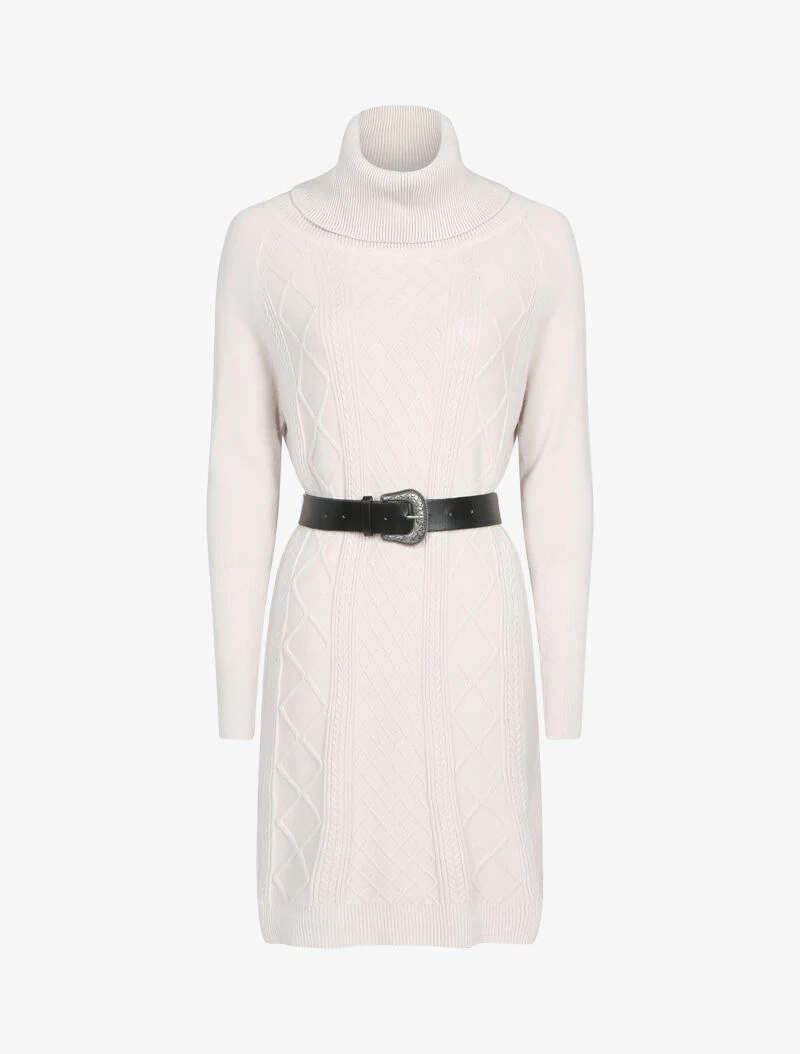 Trui jurk met bischopmouwen en geometrische details - beige
