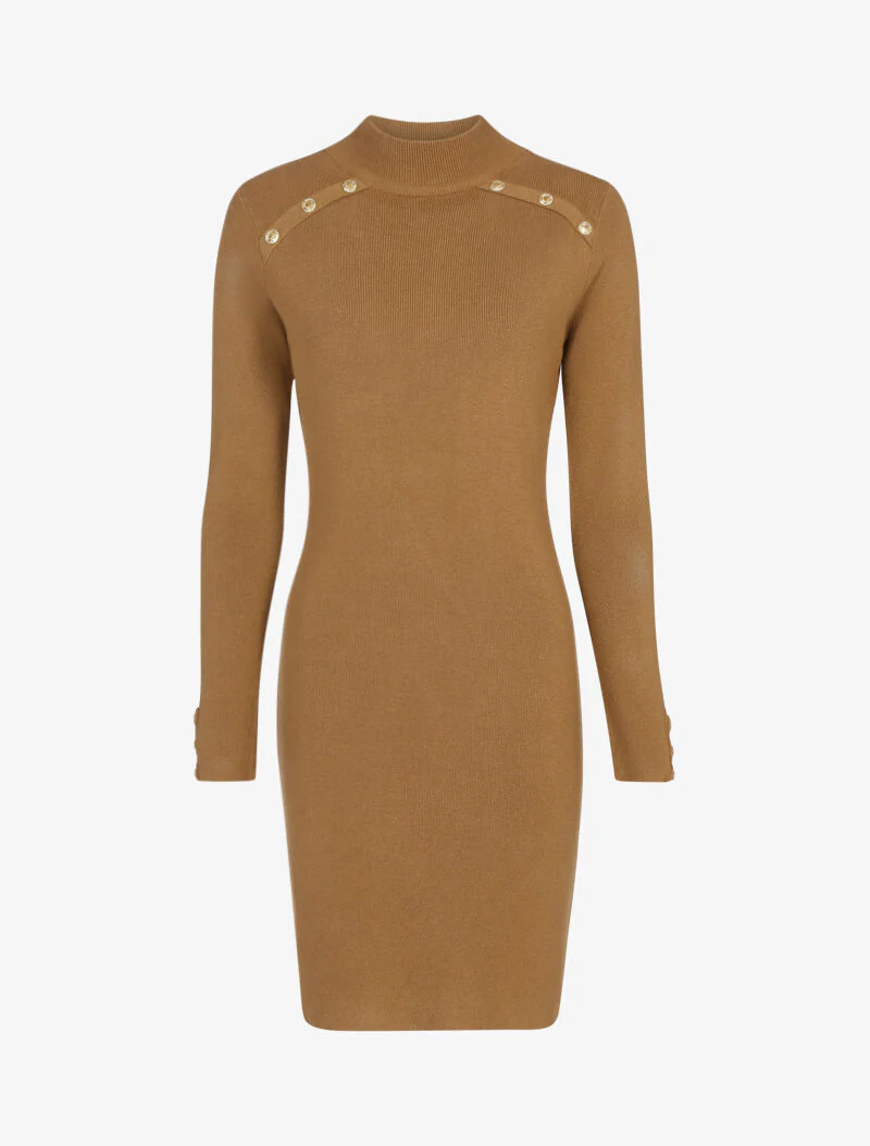 Trui jurk met contrasterende knopen - camel