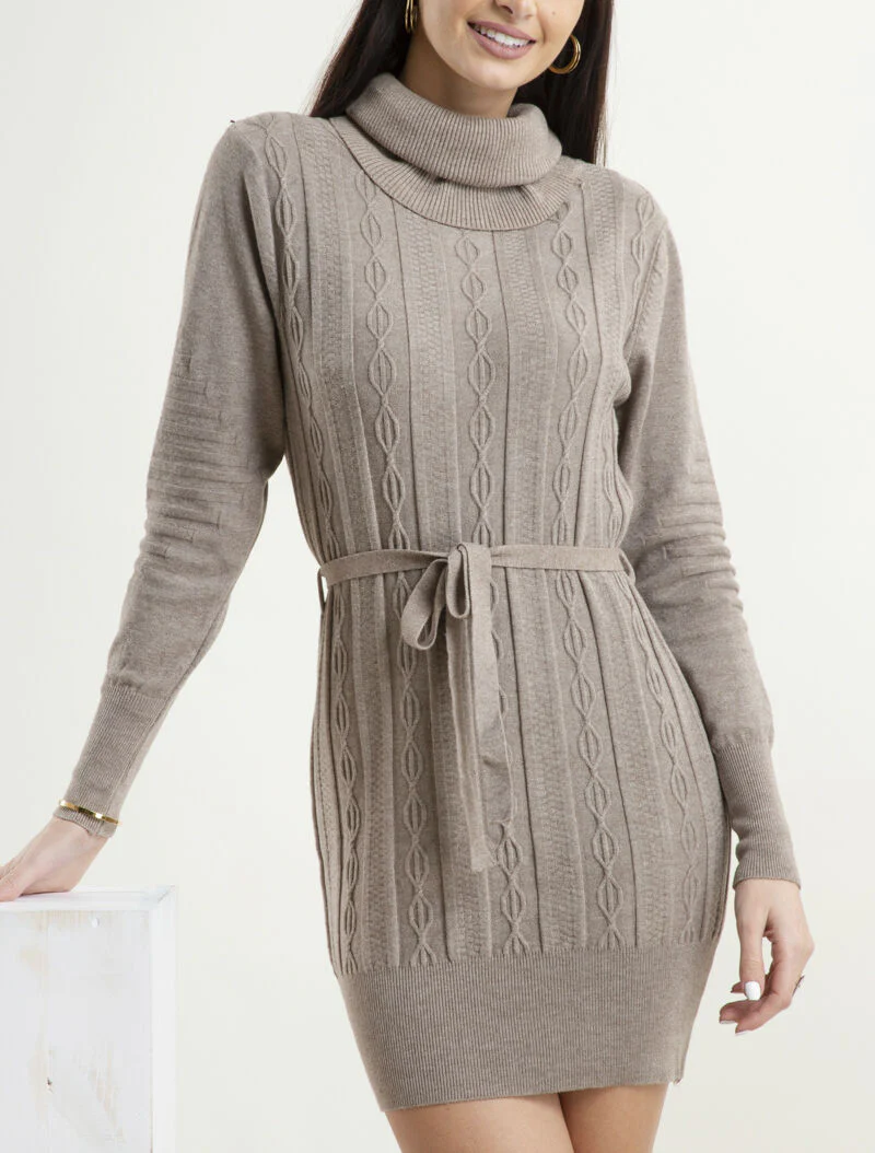 Gebreide jurk met gevlochten details en reliëf - taupe