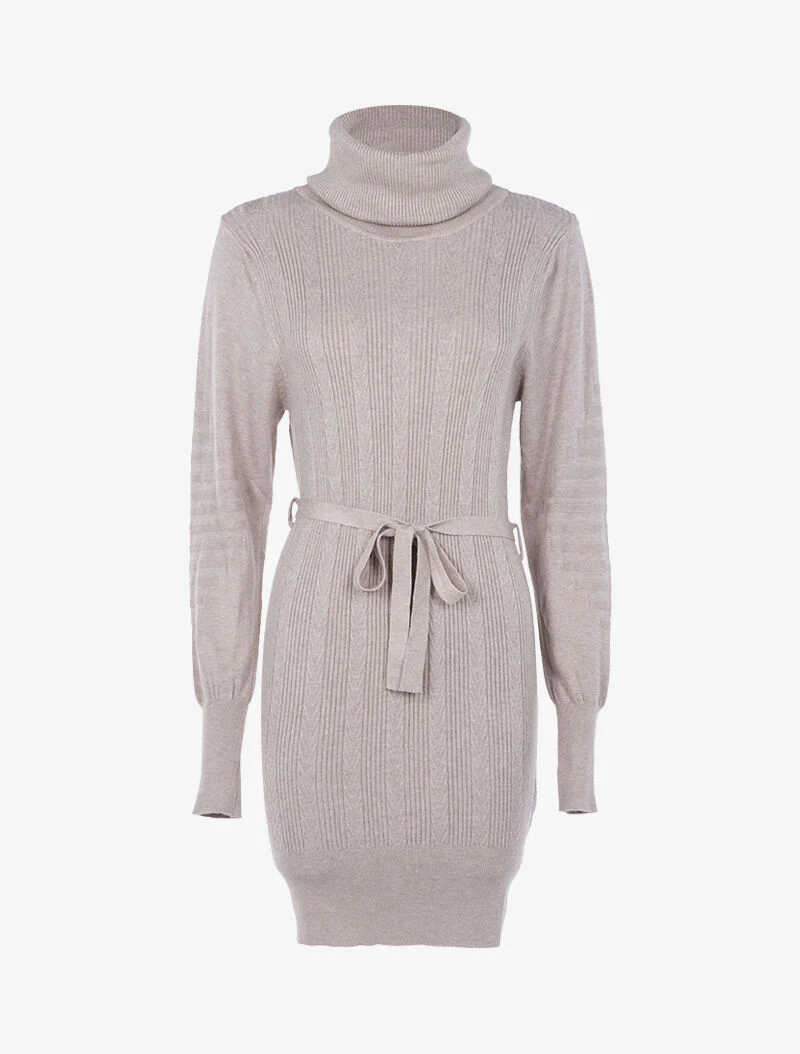 Gebreide jurk met gevlochten en geribbelde details - beige