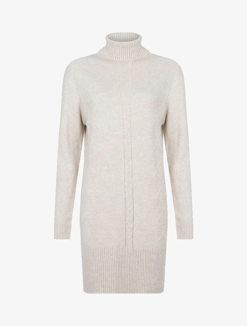 Gebreide jurk met centrale gevlochten band - beige