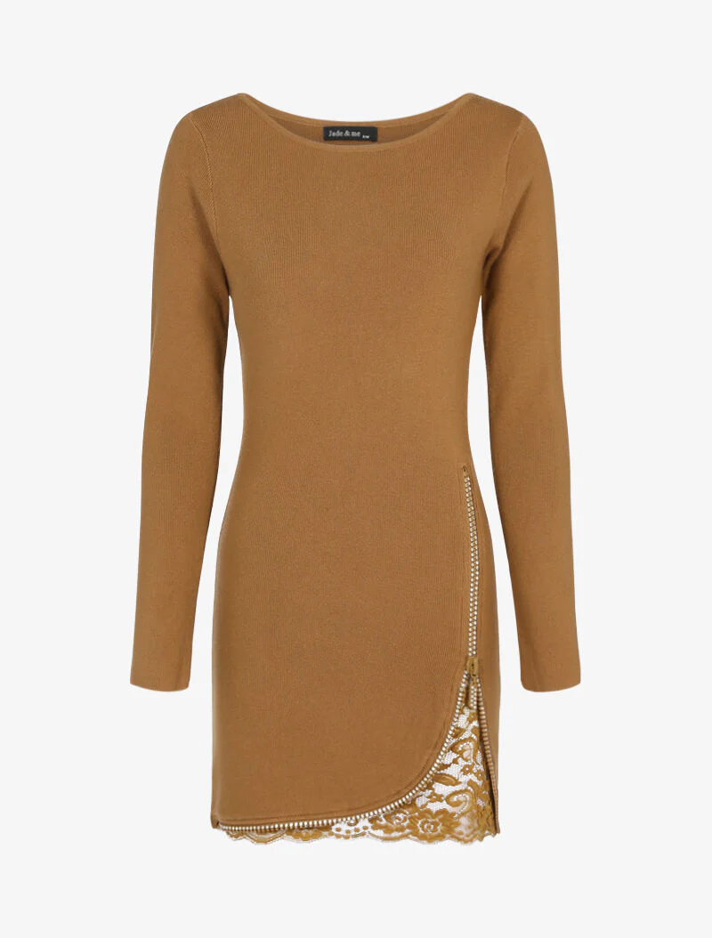 Gebreide jurk met rits, strass en kant - camel