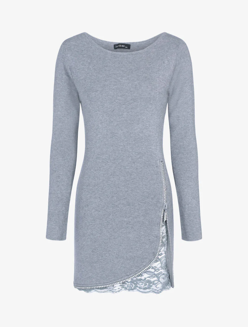 Trui jurk met rits met strass en kant - lichtgrijs