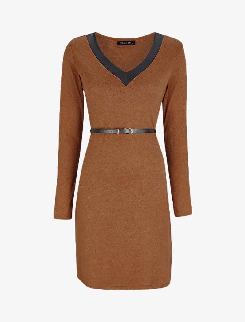 Satijnen V-hals trui jurk - Camel