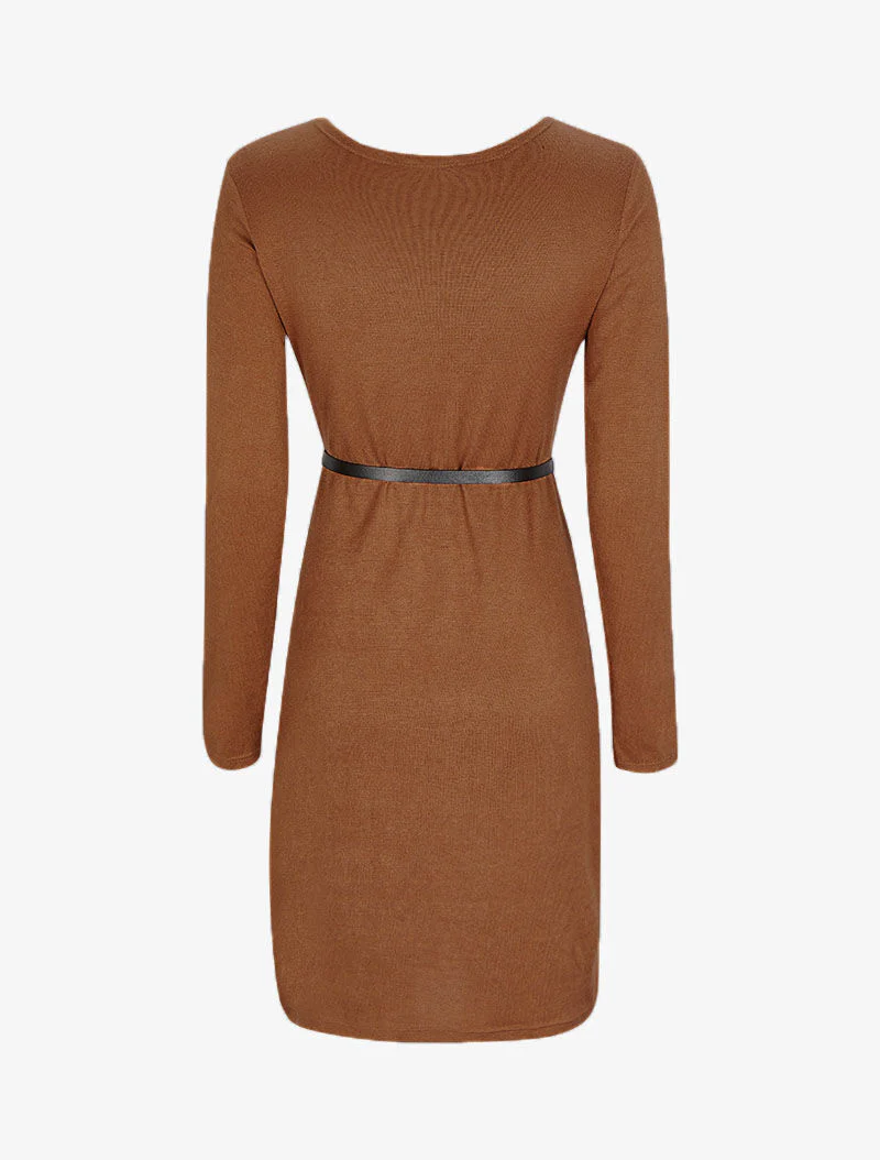 Satijnen V-hals trui jurk - Camel - Image 2