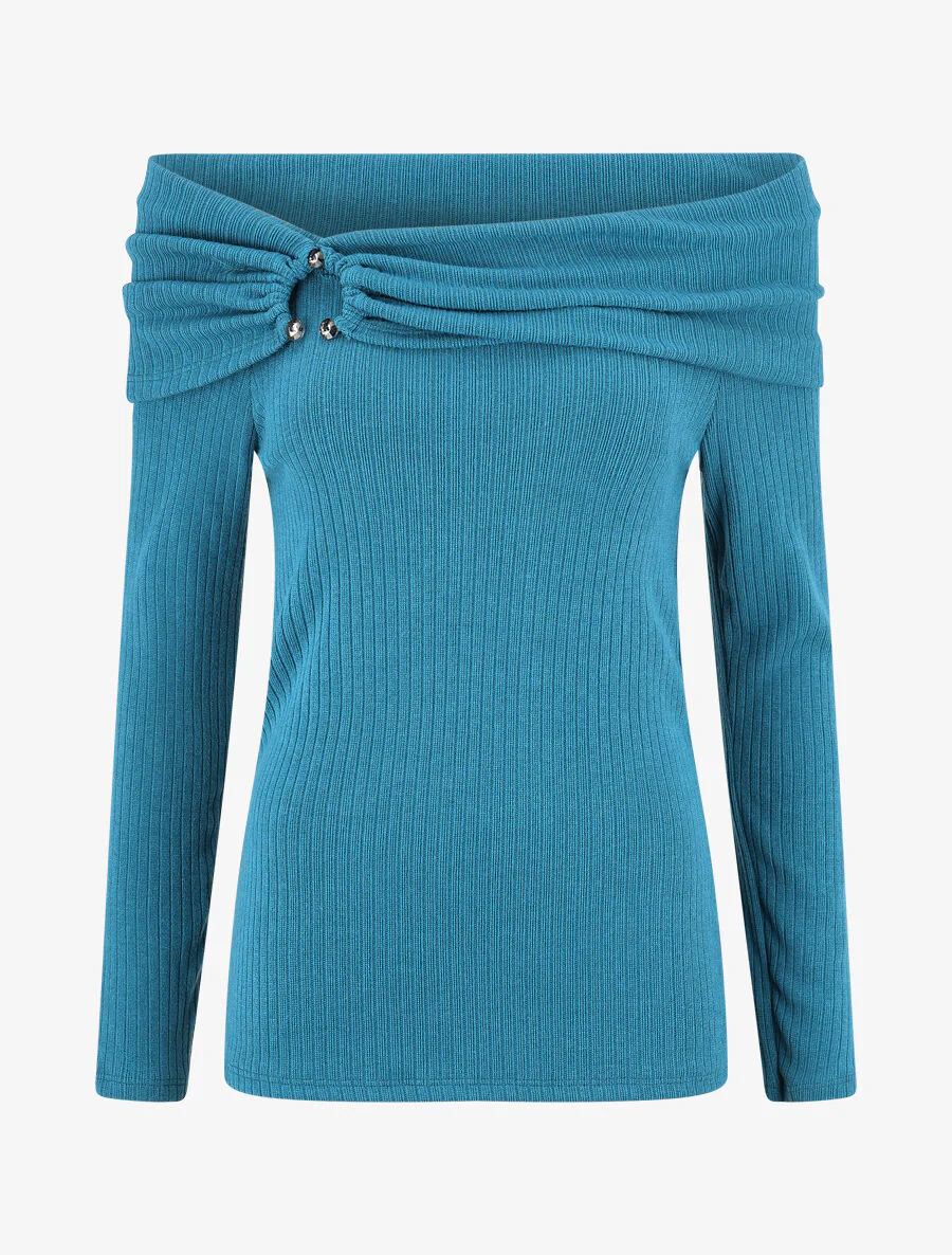 Trui met dunne geribde bardot-hals - eendblauw