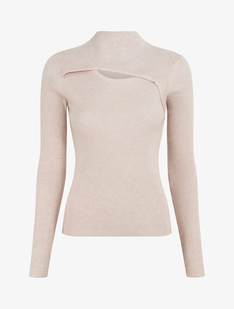 Trui met hoge kraag en opengewerkt décolleté - Beige