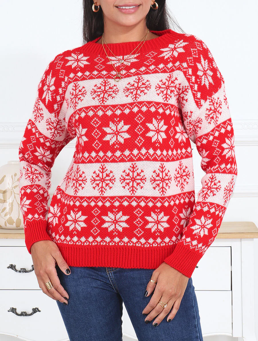 Trui met ronde hals en sneeuwvlokkenpatroon - Rood - Image 4