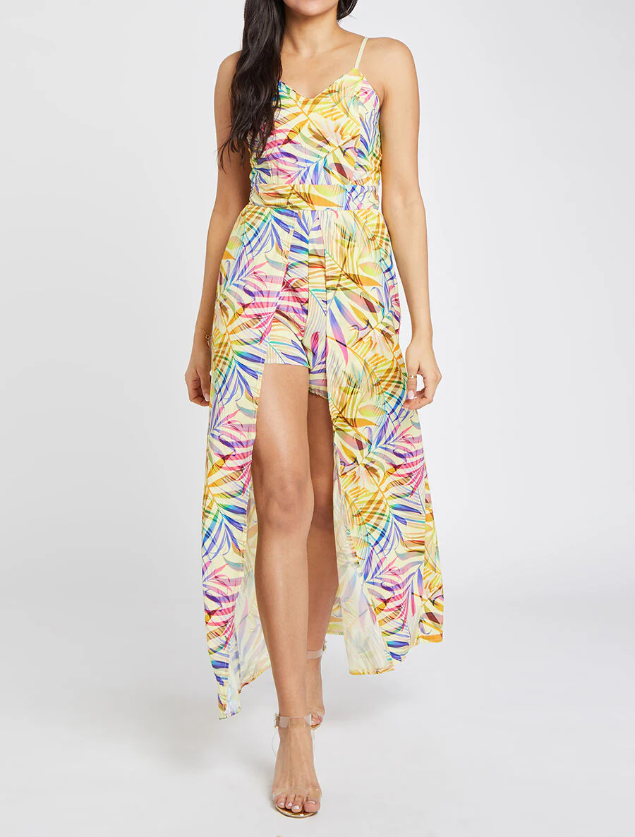Trompe-l'oeil jumpsuit met tropische bladeren print - Geel