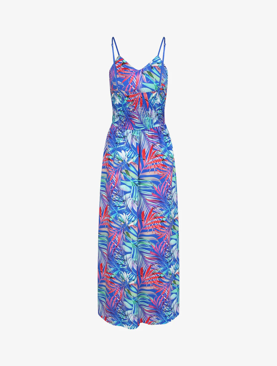 Trompe l'oeil jumpsuit met tropische bladeren print - Koningsblauw - Image 2