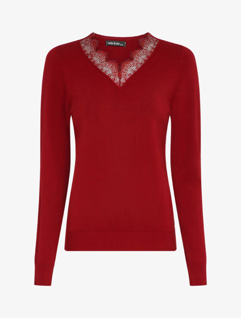 Trui met V-hals en kant - Rood