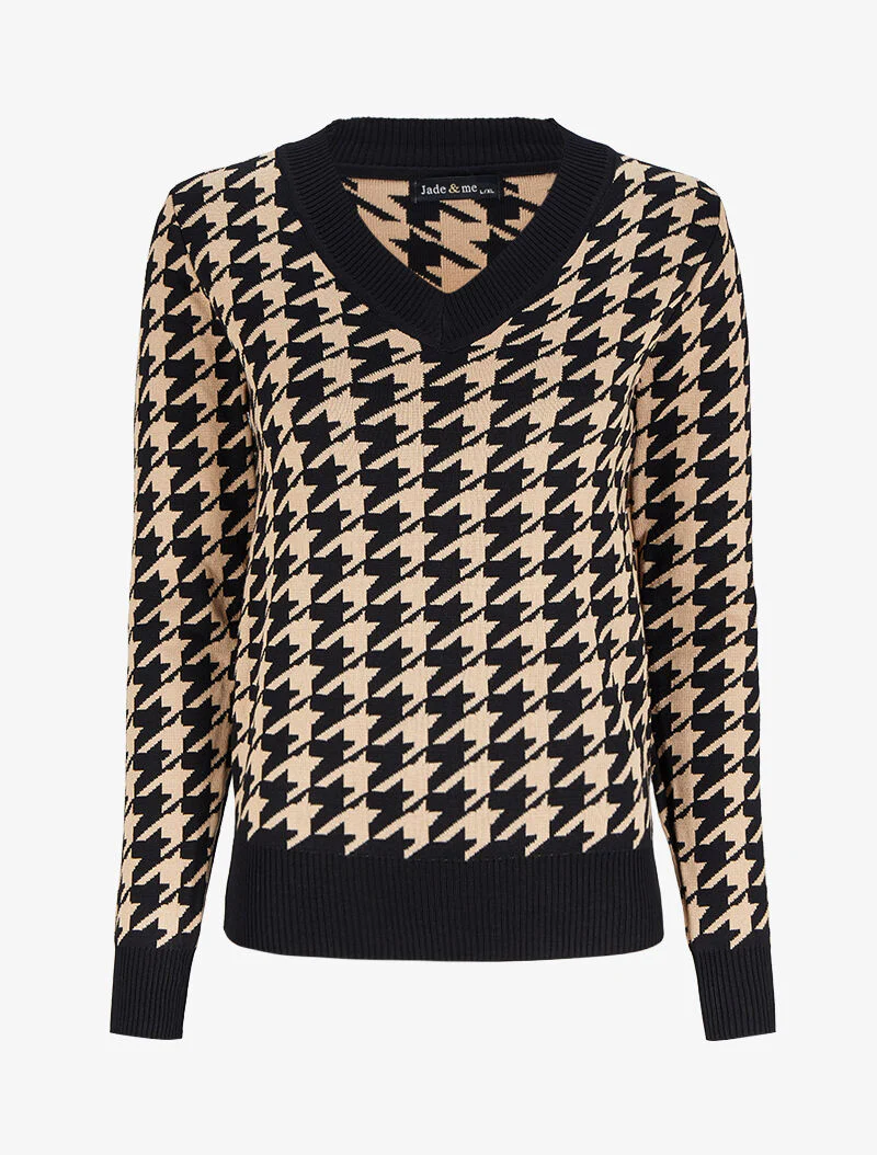 Trui met V-hals en print - Zwart/camel