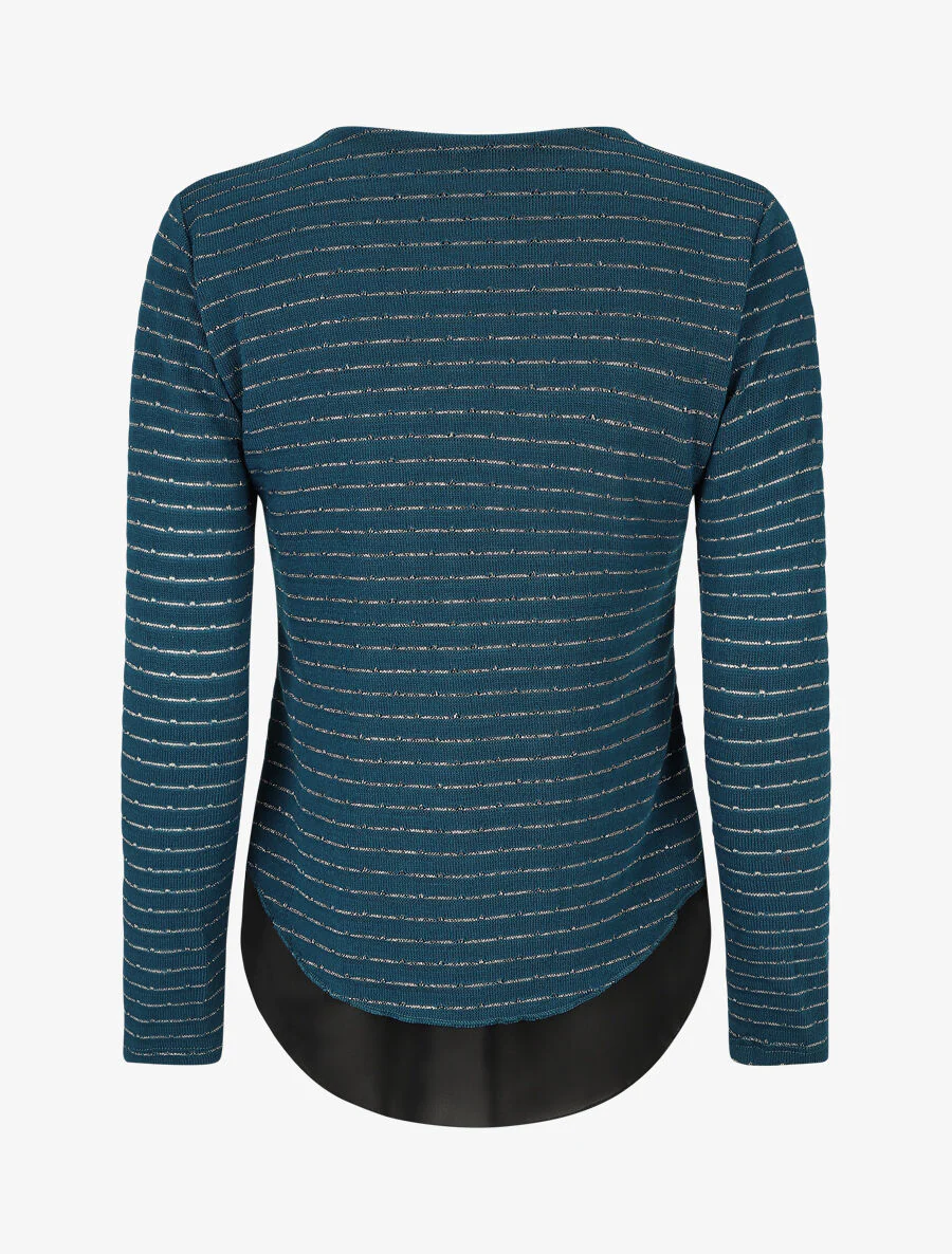 Trui met V-hals van voile met overlap en iriserende strepen - Blauwgroen - Image 2