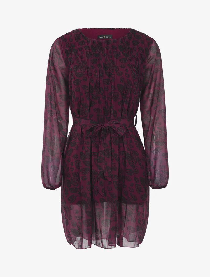 Tuniek in voile met bladenprint - pruim - paars