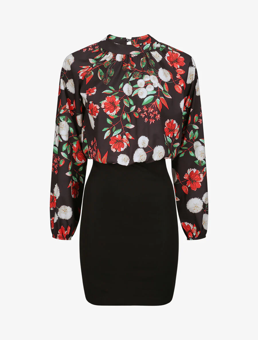 Twee-stof jurk met paardenbloemen en rozenprint - Zwart - Image 2
