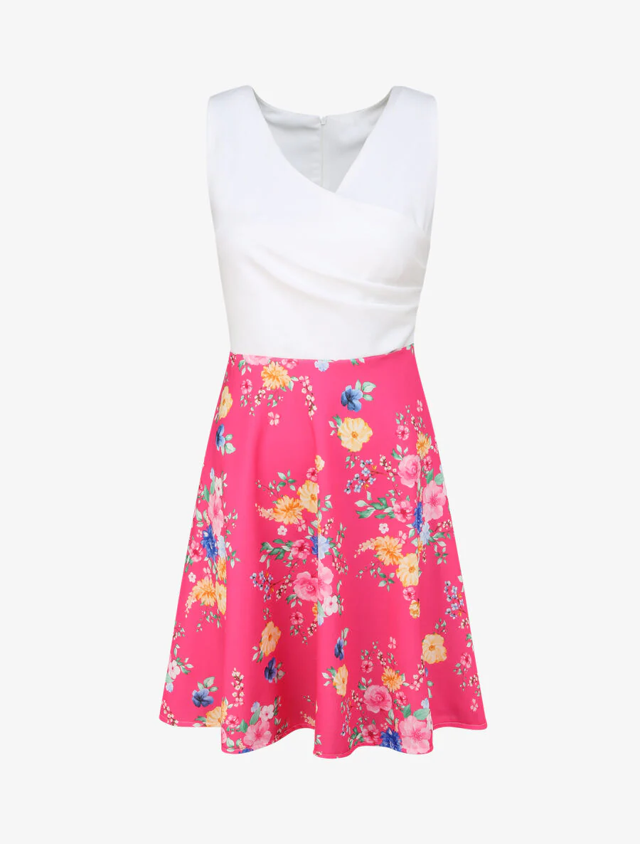 Tweekleurig halflange jurk - fuchsia