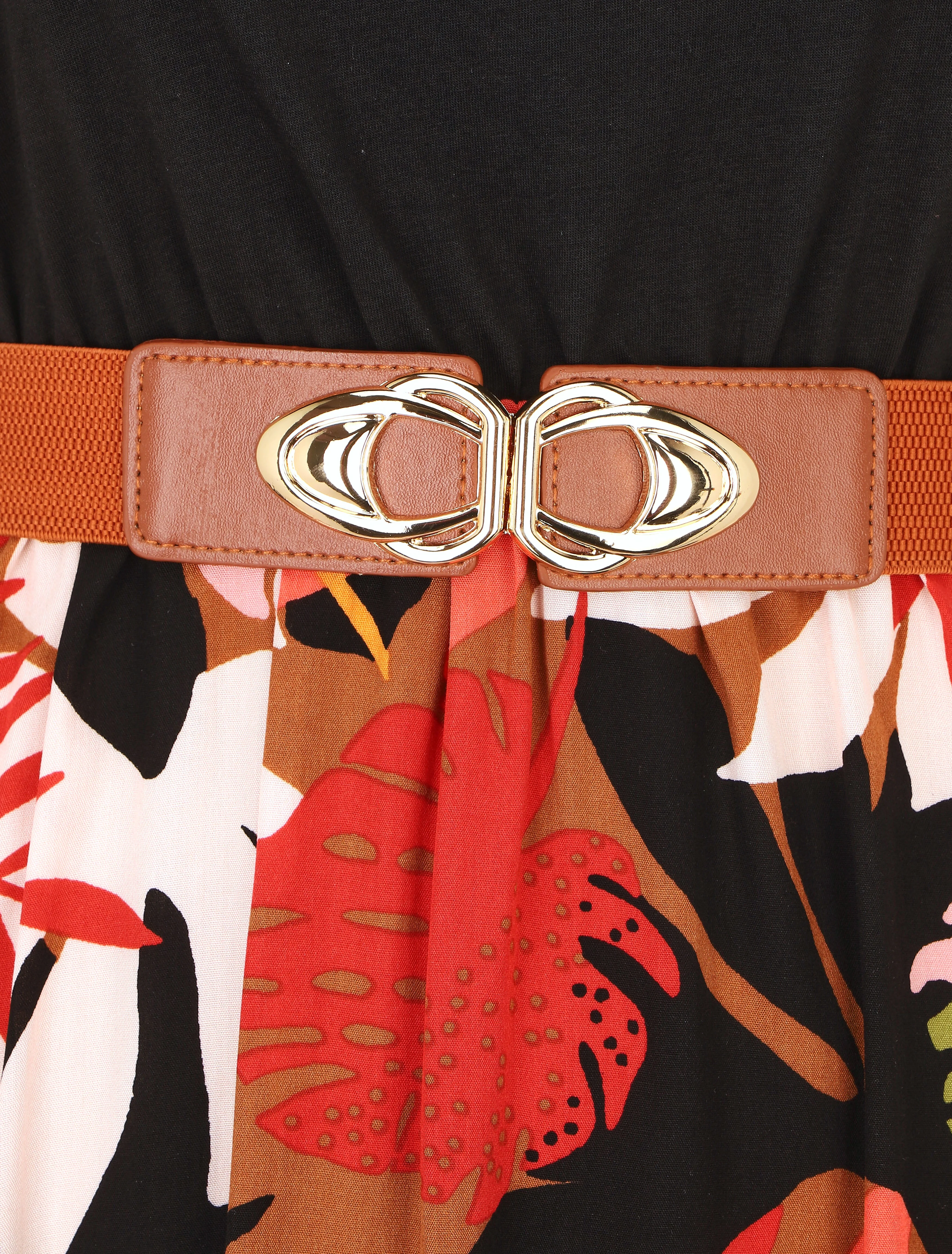 Tweekleurige halflange jurk met tropische print - zwart - Image 3
