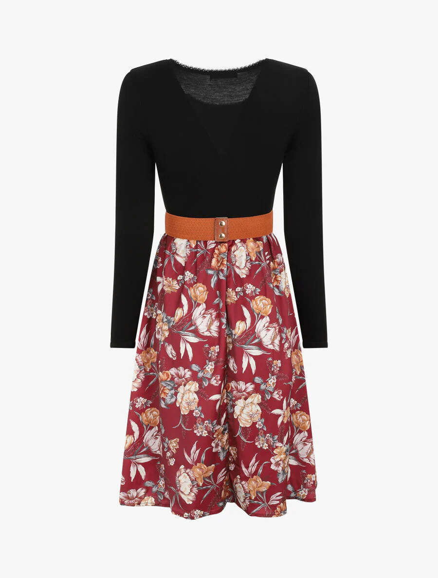 Tweekleurige jurk met bloemenprint - Bordeauxrood - Image 2