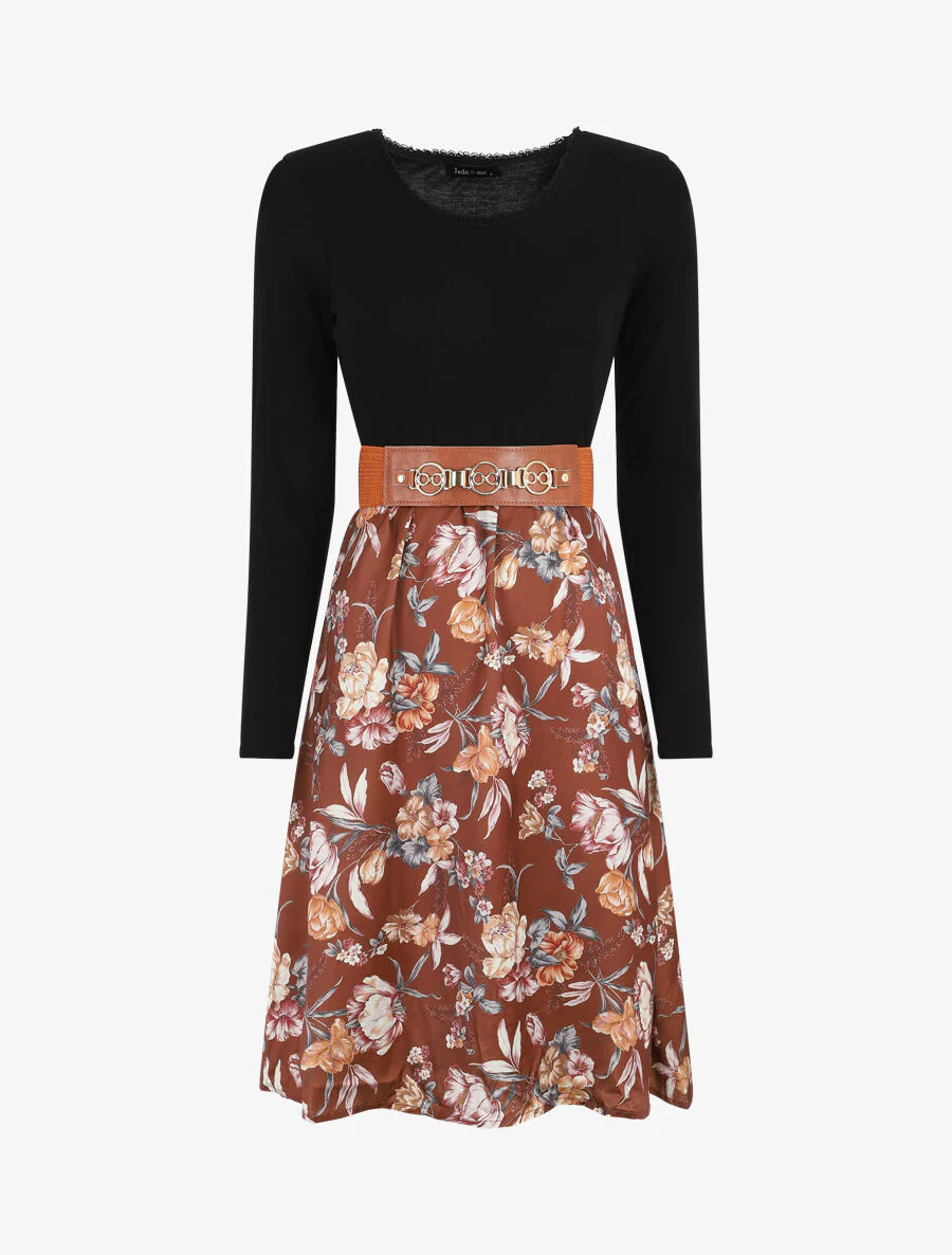 Tweekleurige jurk met bloemenprint - Bruin