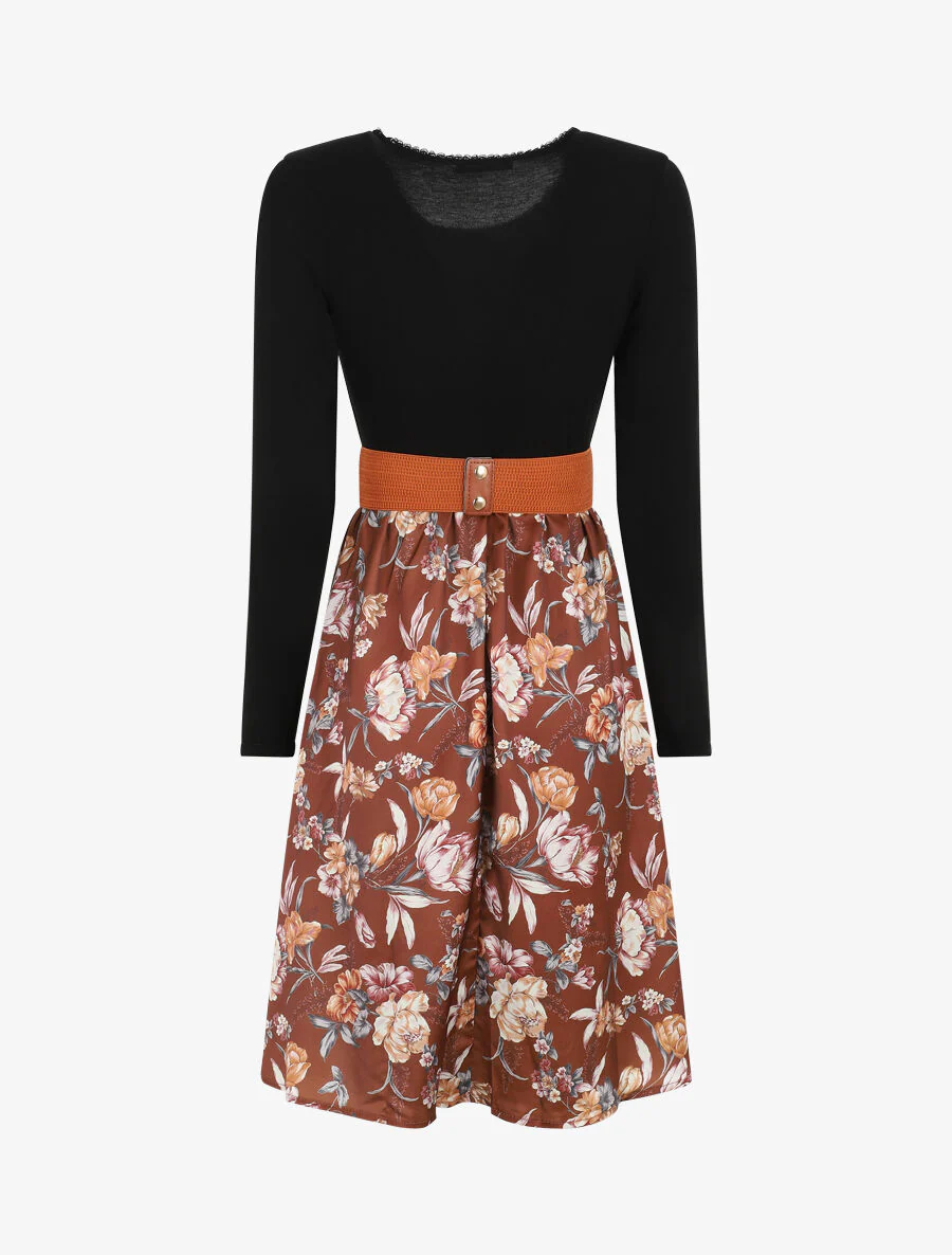 Tweekleurige jurk met bloemenprint - Bruin - Image 2