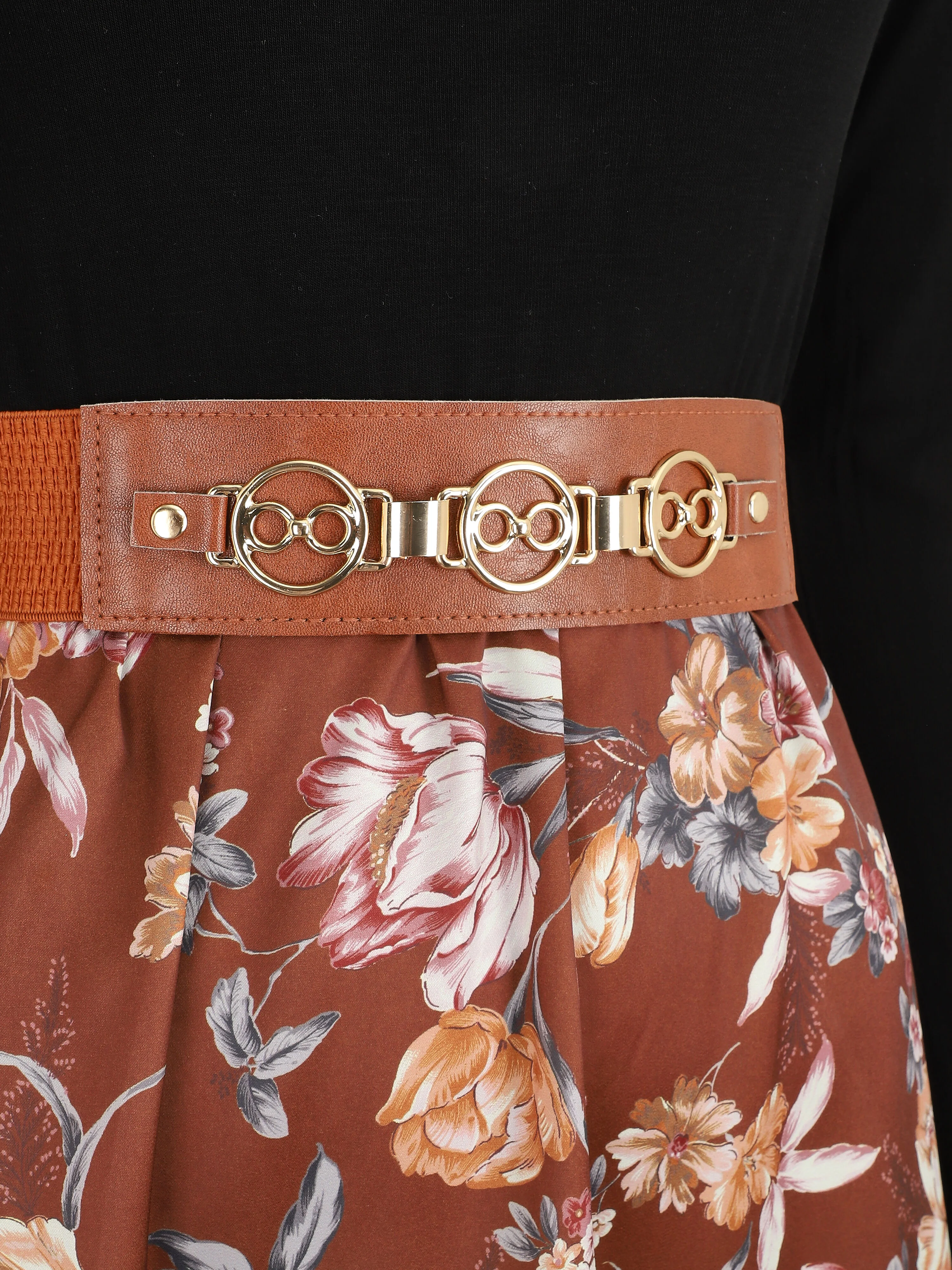 Tweekleurige jurk met bloemenprint - Bruin - Image 3