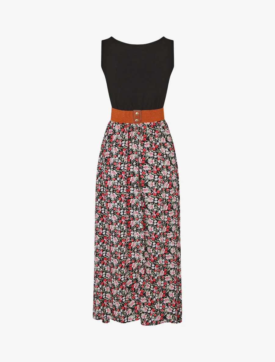 Tweekleurige jurk met kleine bloemenprint - zwart - Image 2