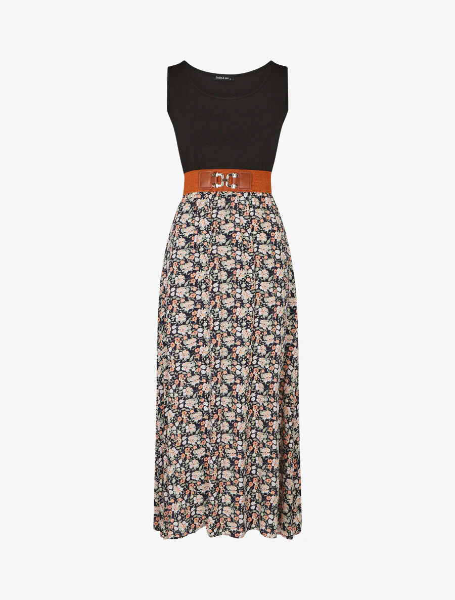 Tweekleurige jurk met kleine bloemenprint - Marineblauw