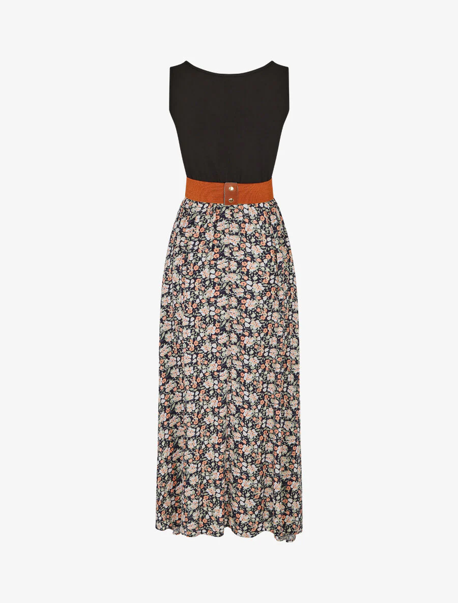 Tweekleurige jurk met kleine bloemenprint - Marineblauw - Image 2