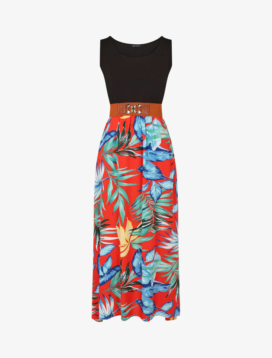 Tweekleurige jurk met tropische print - rood