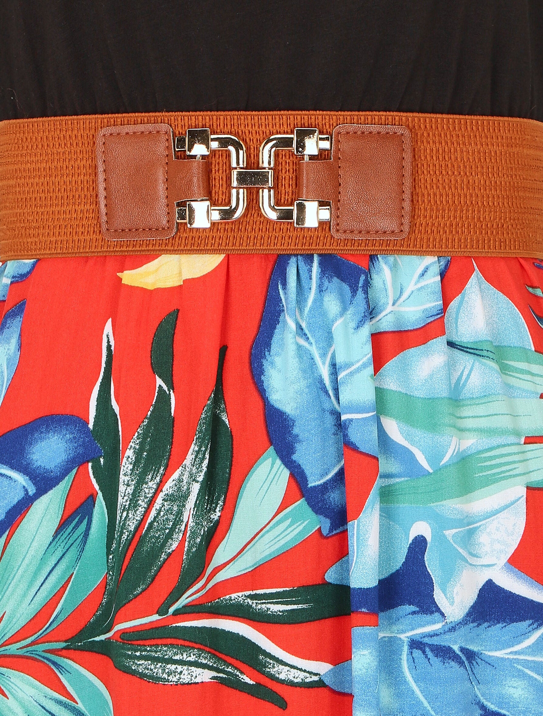 Tweekleurige jurk met tropische print - rood - Image 3