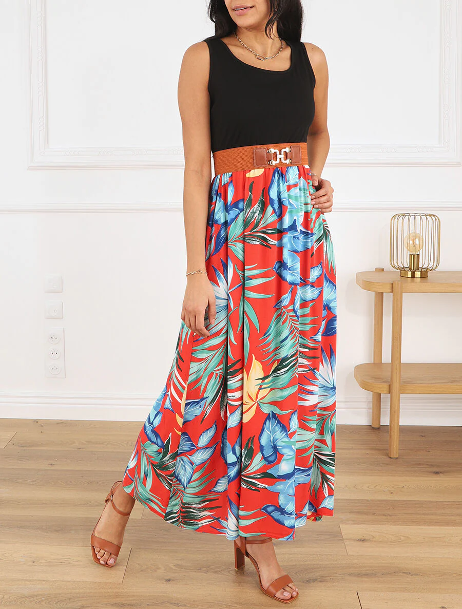Tweekleurige jurk met tropische print - rood - Image 4