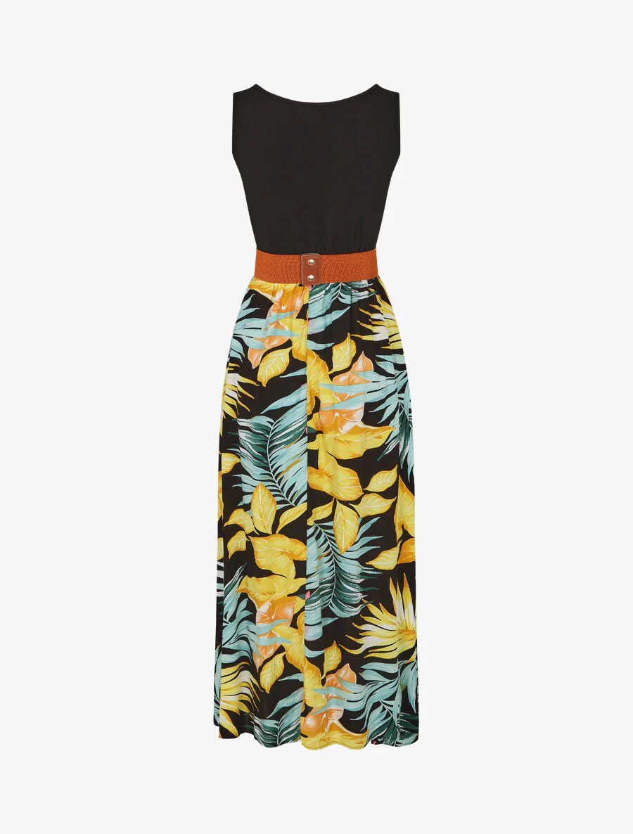 Tweekleurige jurk met tropische print - zwart - Image 2