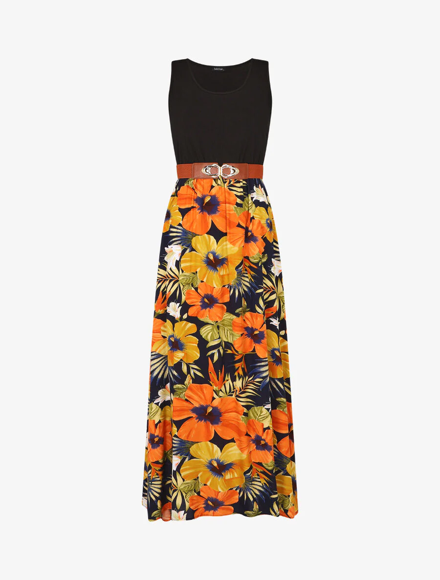 Tweekleurige lange jurk met tropische print - Marineblauw