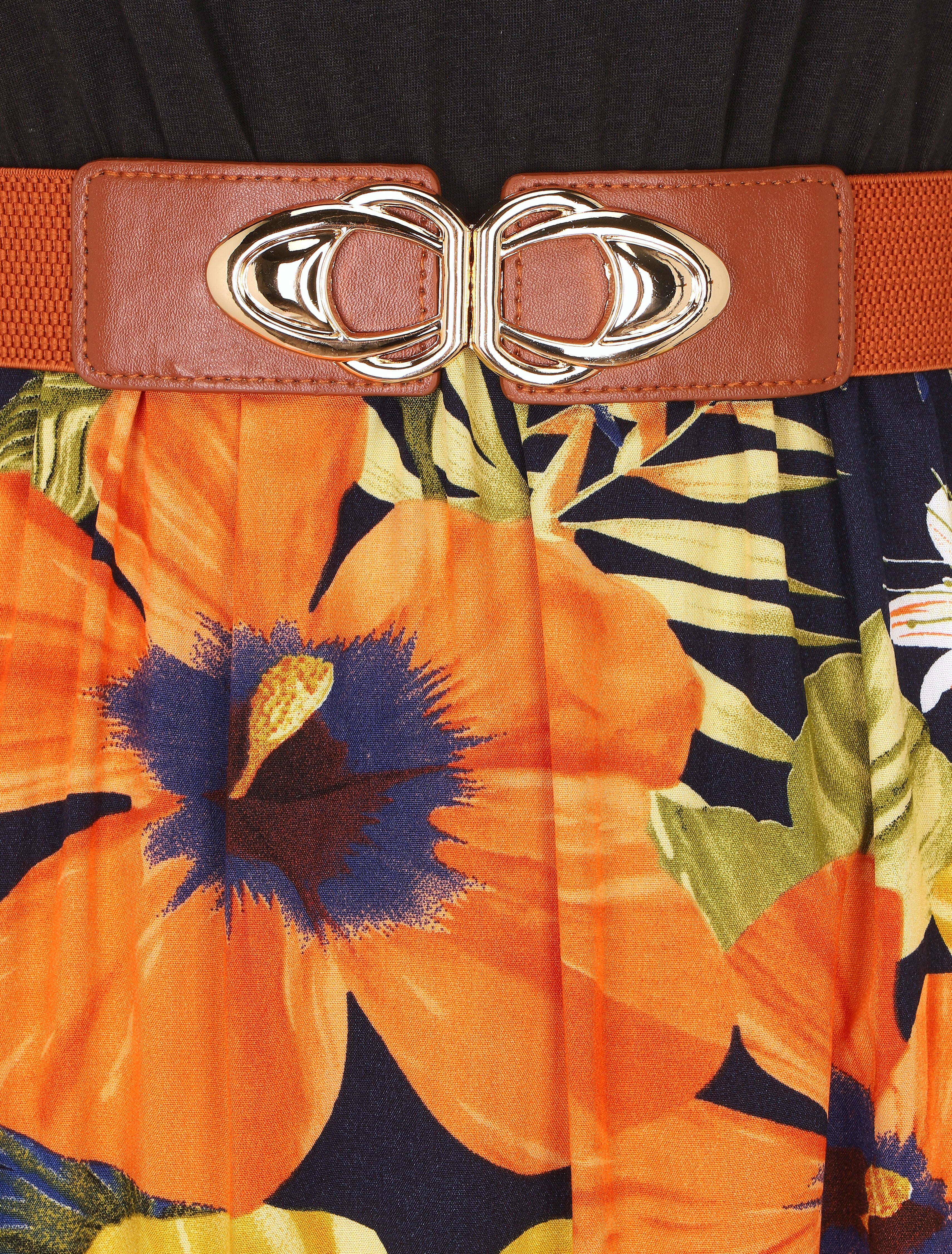 Tweekleurige lange jurk met tropische print - Marineblauw - Image 3