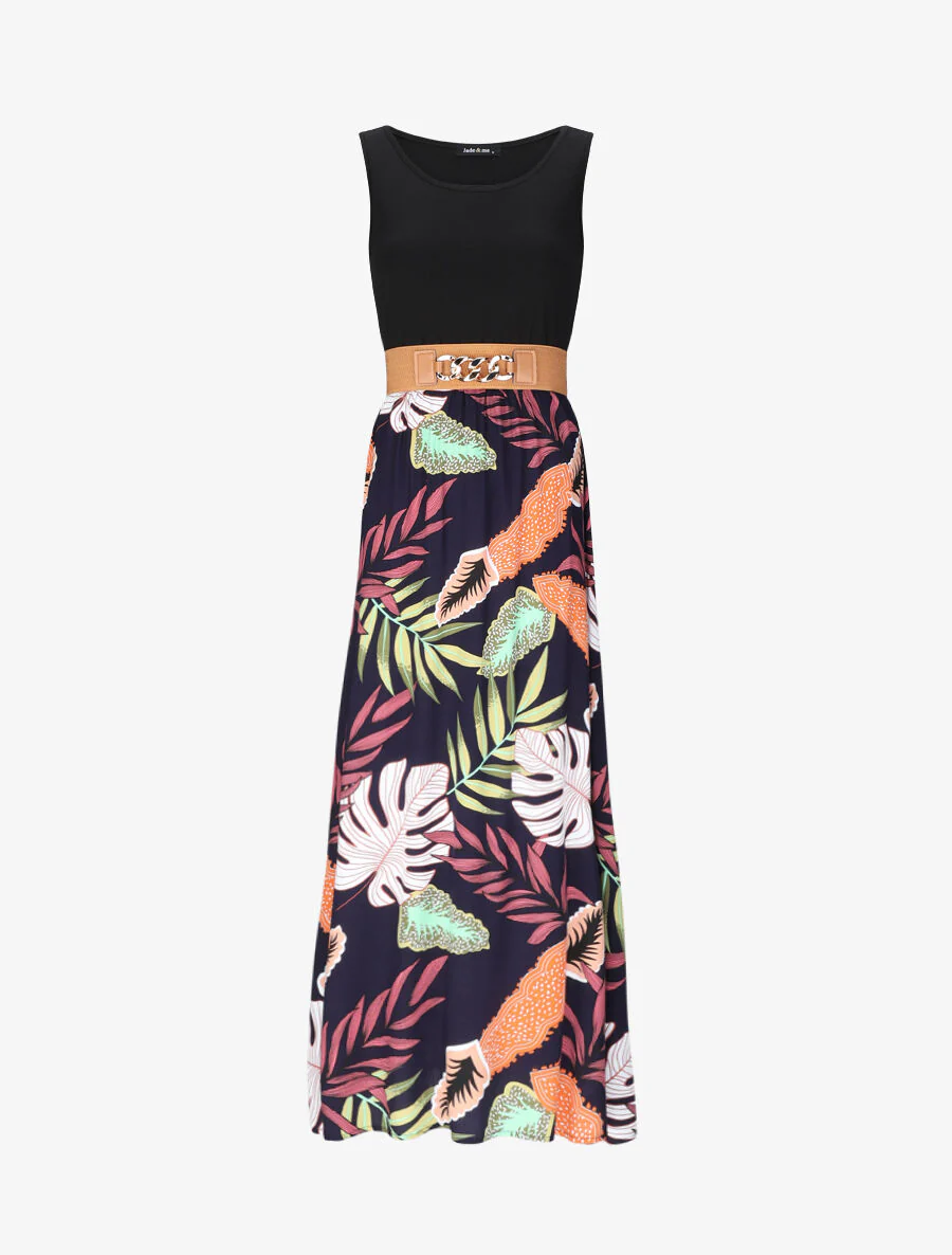 Tweekleurige tropische print plissé lange jurk - marineblauw