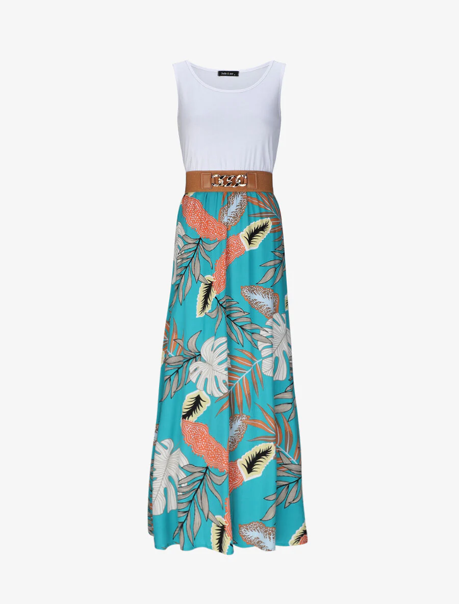 Tweekleurige tropische print plissé lange jurk - wit/blauw
