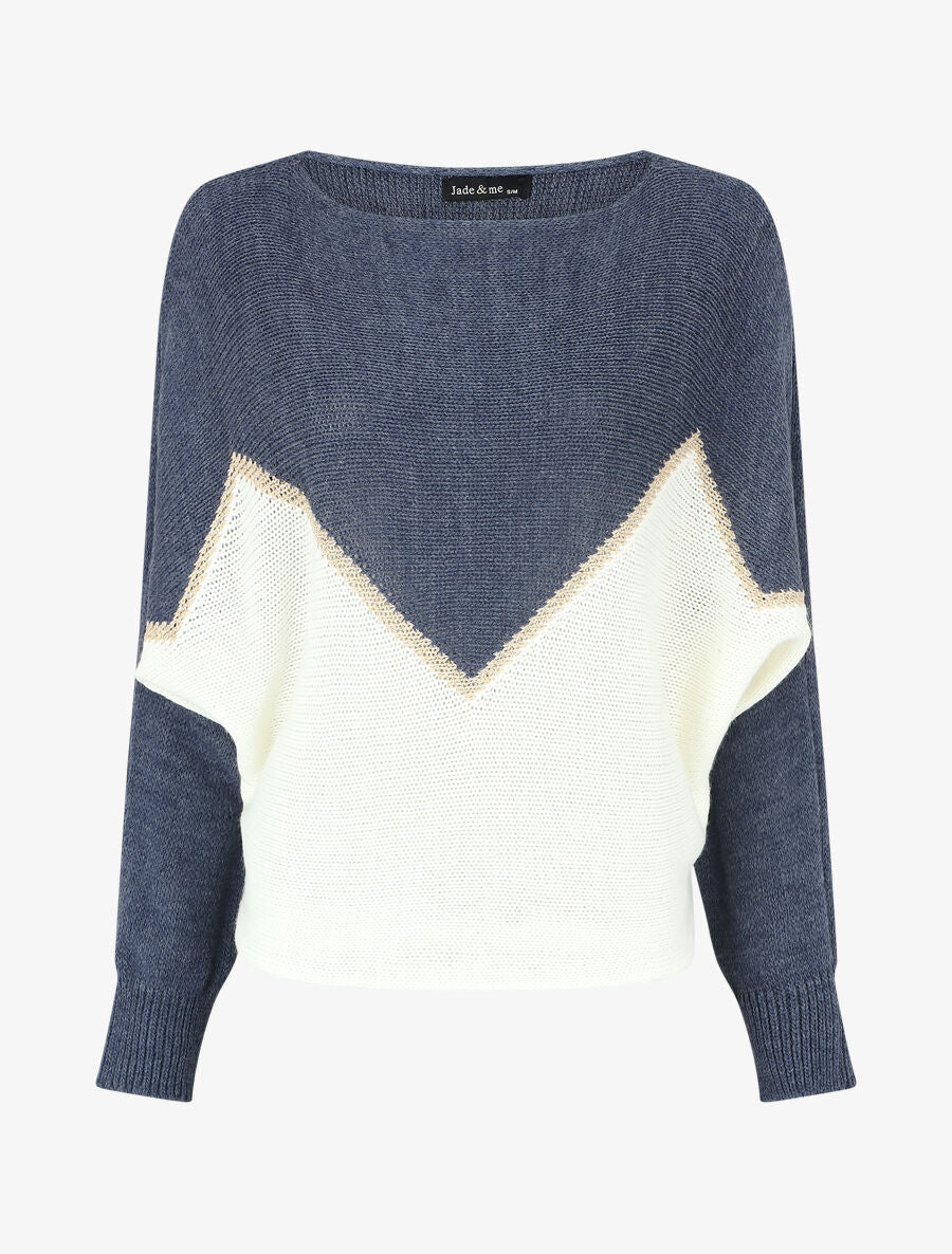 Tweekleurige trui met goudkleurige zigzagrand - Blauw