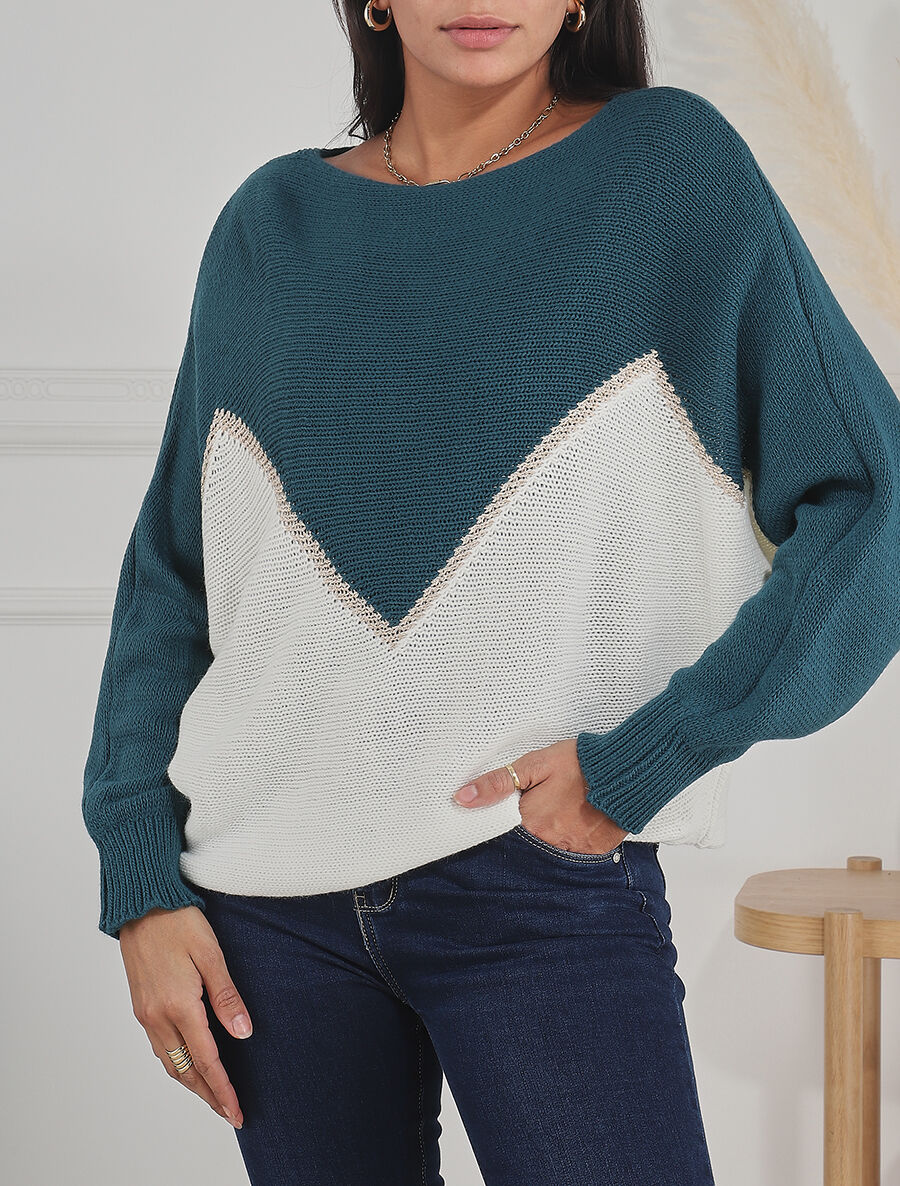 Tweekleurige trui met goudkleurige zigzagrand - Blauwgroen - Image 4